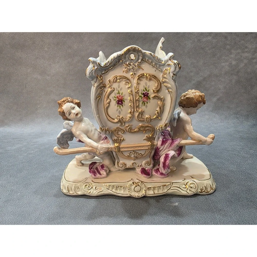 Vintage Porcelain Cherub Sedan Chair Centerpiece Gold Gilt Floral Figurine 8